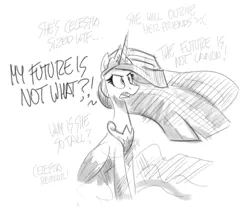 Size: 900x767 | Tagged: safe, artist:flutterthrash, princess twilight 2.0, twilight sparkle, twilight sparkle (alicorn), alicorn, pony, the last problem, angry, atg 2020, black and white, dialogue, female, grayscale, mare, monochrome, newbie artist training grounds, solo