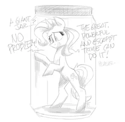 Size: 1200x1170 | Tagged: safe, artist:flutterthrash, trixie, pony, unicorn, atg 2020, bipedal, bipedal leaning, black and white, dialogue, female, grayscale, jar, leaning, mare, monochrome, nervous, nervous laugh, newbie artist training grounds, solo