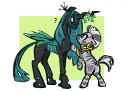 Size: 300x221 | Tagged: safe, artist:fizpup, queen chrysalis, zecora, changeling, changeling queen, pony, zebra, ear piercing, earring, female, jewelry, mare, mistletoe, neck rings, picture for breezies, piercing, question mark, shipping, this will end in kisses