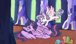 Size: 481x282 | Tagged: safe, artist:fizpup, princess flurry heart, twilight sparkle, twilight sparkle (alicorn), whammy, alicorn, pony, aunt and niece, auntie twilight, duo, eyes closed, female, filly, mare, playing, smiling, underhoof