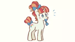 Size: 380x214 | Tagged: safe, artist:fizpup, rainbow stars, pony, unicorn, blush sticker, blushing, bow, cream background, female, hair bow, mare, mouth hold, no pupils, solo, tail bow