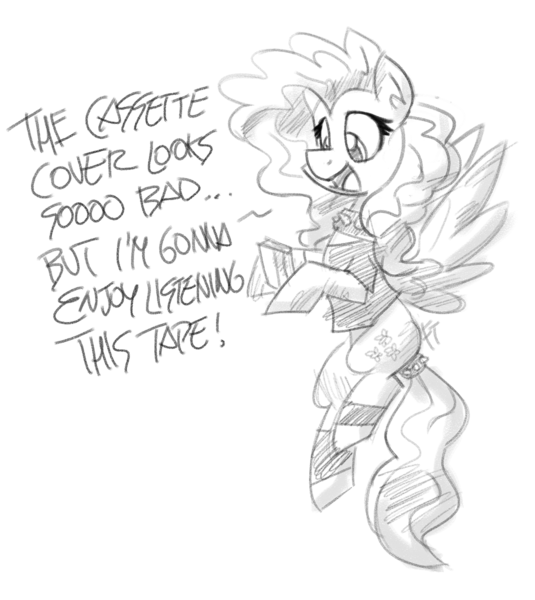 Size: 1070x1200 | Tagged: safe, artist:flutterthrash, fluttershy, pegasus, pony, alternate hairstyle, black and white, cassette tape, choker, clothes, dialogue, female, flying, grayscale, hoof hold, mare, monochrome, shirt, solo, spiked choker, spiked tail tie, t-shirt