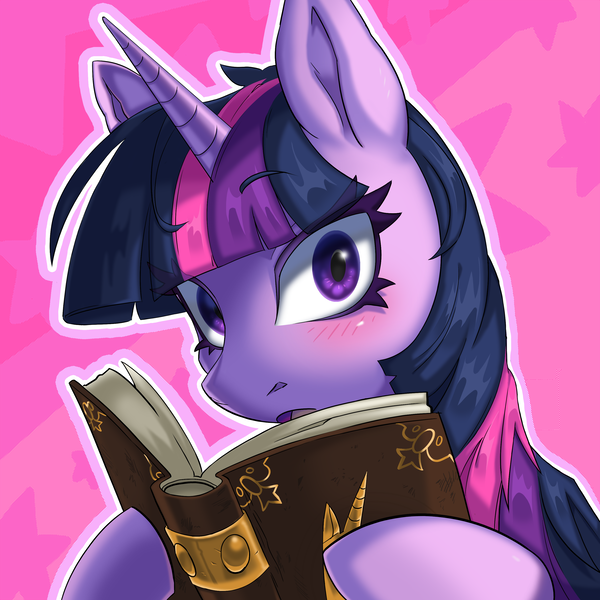 Size: 3000x3000 | Tagged: editor needed, safe, artist:porcelanowyokular, edit, twilight sparkle, pony, unicorn, blushing, book, book of harmony, bust, cute, high res, looking at you, open mouth, pink background, portrait, reading, simple background, solo, stars, twiabetes, unicorn twilight, wingless, wingless edit