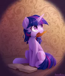 Size: 2400x2800 | Tagged: editor needed, safe, artist:emeraldgalaxy, edit, twilight sparkle, pony, unicorn, book, chest fluff, cute, leg fluff, looking back, looking up, mouth hold, nom, quill, short mane, shoulder fluff, sitting, smiling, solo, twiabetes, unicorn twilight, wingless, wingless edit