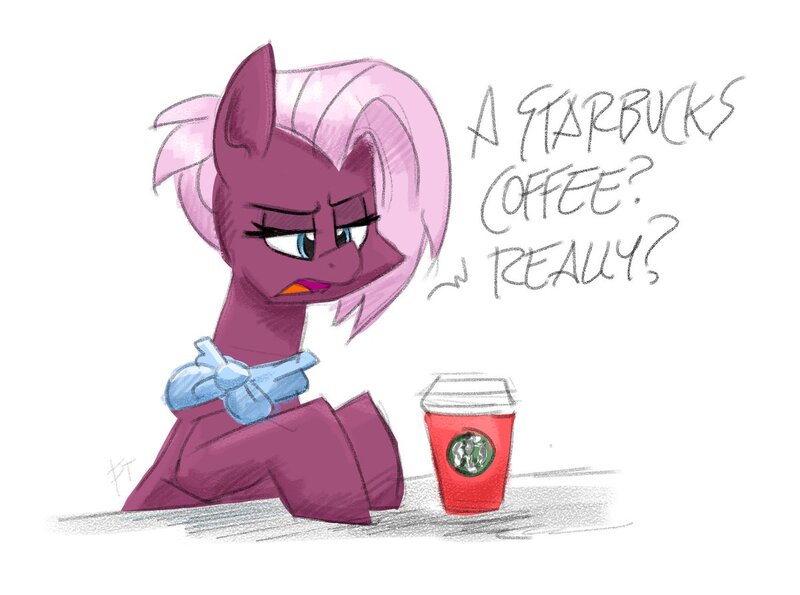 Size: 1200x892 | Tagged: safe, artist:flutterthrash, jasmine leaf, earth pony, pony, coffee, coffee cup, cup, dialogue, female, lidded eyes, mare, neckerchief, solo, starbucks, unamused