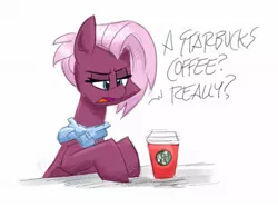 Size: 1200x892 | Tagged: safe, artist:flutterthrash, jasmine leaf, earth pony, pony, coffee, coffee cup, cup, dialogue, female, lidded eyes, mare, neckerchief, solo, starbucks, unamused