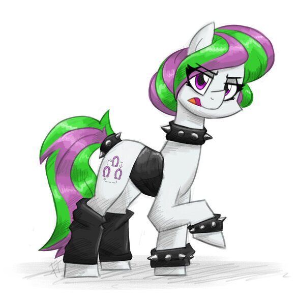 Size: 1167x1200 | Tagged: safe, artist:flutterthrash, oc, unofficial characters only, earth pony, pony, bracelet, choker, female, leg warmers, lidded eyes, mare, open mouth, raised hoof, solo, spiked choker, spiked tail tie, spiked wristband, wristband