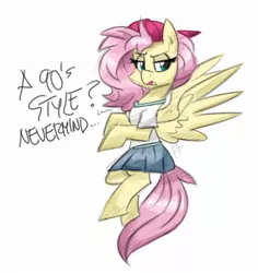 Size: 1132x1200 | Tagged: safe, artist:flutterthrash, fluttershy, pegasus, pony, '90s, 90s grunge fluttershy, backwards ballcap, baseball cap, cap, clothes, dialogue, female, flying, gameloft, gameloft interpretation, hat, lidded eyes, mare, shirt, skirt, solo