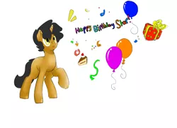 Size: 1998x1446 | Tagged: safe, artist:compound lift, artist:compoundlift, oc, oc:star, unofficial characters only, pony, unicorn, balloon, birthday, cake, food, happy birthday, horn, male, present, raised hoof, simple background, solo, stallion, text, white background