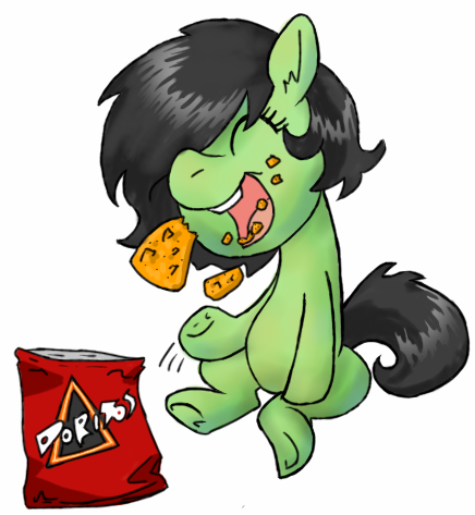 Size: 436x473 | Tagged: safe, artist:compound lift, artist:compoundlift, artist:lockhe4rt, derpibooru import, edit, oc, oc:anonfilly, unofficial characters only, earth pony, pony, chips, colored, doritos, eating, eyes closed, female, filly, food, image, open mouth, png, simple background, sitting, solo, underhoof, white background
