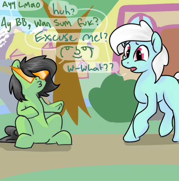 Size: 1062x1077 | Tagged: suggestive, artist:compound lift, artist:compoundlift, linky, shoeshine, oc, oc:anonfilly, earth pony, pony, confused, dialogue, duo, female, filly, glasses, lenny, mare, meme, open mouth, raised hoof, sitting, underhoof, want some fuk?