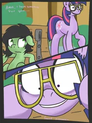 Size: 960x1280 | Tagged: suggestive, artist:compound lift, artist:compoundlift, twilight sparkle, oc, oc:anonfilly, earth pony, pony, unicorn, bench, dialogue, female, filly, glasses, hiding, imminent foalcon, mare, shrunken pupils, unicorn twilight, wide eyes