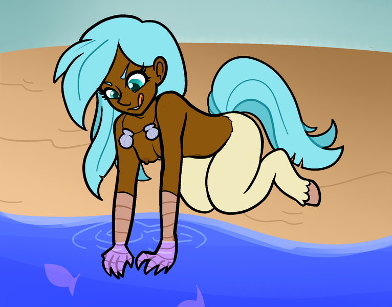 Size: 1947x1525 | Tagged: questionable, anonymous editor, artist:/d/non, edit, oc, oc:rusalka, unofficial characters only, fish, satyr, my little pony: the movie, 4chan, beach, claws, clothes, complete nudity, dark skin, female, hooves, nude edit, nudity, offspring, parent:princess skystar, png, shells, shorts, skin color edit, solo, /trash/, water