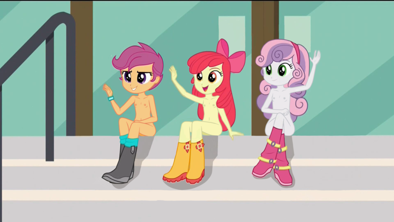 Size: 1920x1080 | Tagged: questionable, banned from derpibooru, edit, edited screencap, screencap, apple bloom, scootaloo, sweetie belle, equestria girls, friendship games, belly button, boots, breasts, casual nudity, clothes, cutie mark crusaders, delicious flat chest, exhibitionism, female, females only, image, lolicon, nude edit, nudity, png, shoes, shoes only, sitting, underage, waving