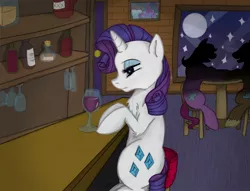 Size: 2048x1562 | Tagged: safe, artist:anonpencil, rarity, pony, unicorn, absurd resolution, alcohol, bar, barstool, bottle, chair, drink, drinking, female, frown, glass, horn, jpeg, lidded eyes, mare, melancholy, rum, sitting, solo focus, table, whiskey, wine, wine glass