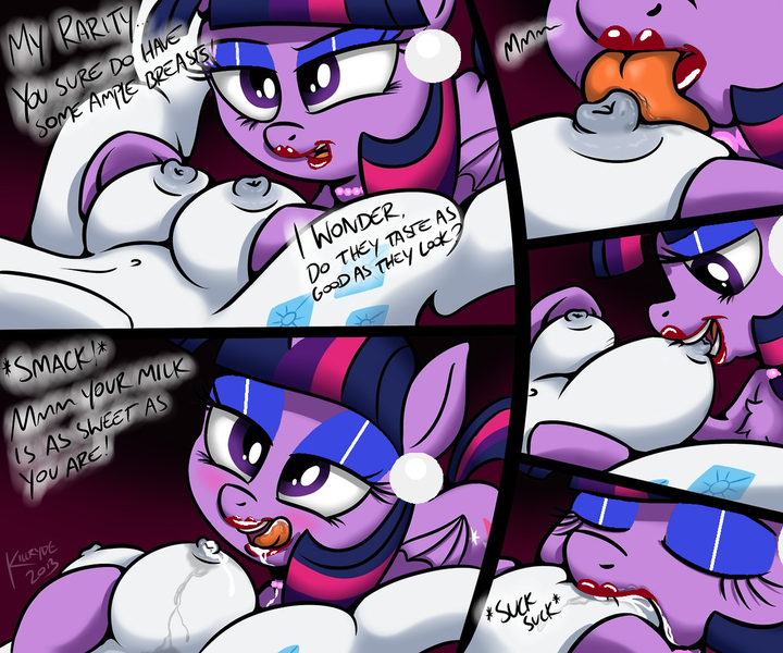 Size: 1228x1024 | Tagged: questionable, anonymous editor, artist:killryde, edit, rarity, twilight sparkle, twilight sparkle (alicorn), alicorn, pony, big crotchboobs, bimbo, bimbo edit, blushing, breast milk, breastfeeding, comic, crotchboobs, drool, female, grope, huge crotchboobs, image, impossibly large crotchboobs, jiggle, lactation, leaking, lesbian, lipstick, makeup, mare, milk, milk moustache, nipples, nudity, png, rarilight, shipping, suckling, tongue out