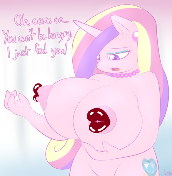 Size: 780x800 | Tagged: questionable, anonymous editor, artist:lamia, edit, princess cadance, anthro, big breasts, bimbo, bimbo edit, breasts, busty princess cadance, dialogue, female, funny porn, huge breasts, image, impossibly large breasts, jewelry, lamia did it again, lipples, lips, lipstick, makeup, necklace, nipples, nudity, png, solo, solo female, wat