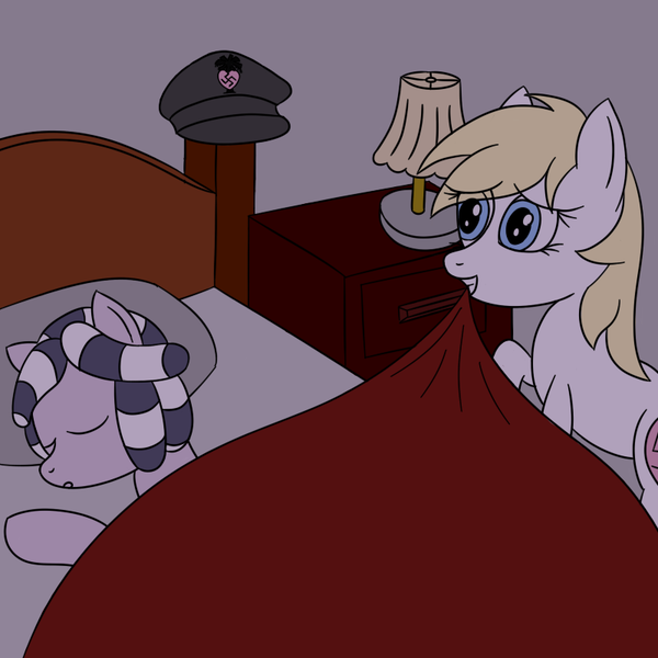 Size: 800x800 | Tagged: safe, artist:everfreeemergencies, oc, oc:aryanne, oc:zala, unofficial characters only, earth pony, pony, zebra, afrika korps, bed, blanket, duo, eye clipping through hair, female, filly, hat, mare, mouth hold, nazi, nazipone, pillow, png, raised hoof, raised leg, sleeping