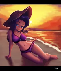 Size: 1036x1200 | Tagged: suggestive, artist:the-park, rarity, human, beach, beach babe, bikini, bikini bottom, bikini top, clothes, hat, humanized, laying on ground, looking at you, lying down, lying on the ground, pink bikini, pink swimsuit, png, sexy, solo, sun hat, swimsuit, teasing