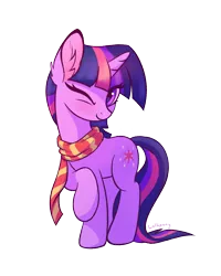 Size: 800x1000 | Tagged: safe, artist:lollipony, edit, editor:pastthesouthpole, twilight sparkle, pony, unicorn, clothes, cute, ear fluff, eye clipping through hair, female, looking at you, mare, one eye closed, png, raised hoof, scarf, signature, simple background, smiling, solo, standing, striped scarf, transparent background, twiabetes, unicorn twilight, wingless, wingless edit, wink