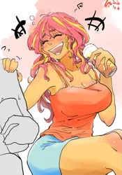Size: 700x1000 | Tagged: safe, artist:sozglitch, sunset shimmer, equestria girls, alcohol, armpits, big breasts, blushing, bra, bra strap, breasts, busty sunset shimmer, cleavage, clothes, drink, drunk, drunker shimmer, eyes closed, hand on shoulder, happy, jpeg, laughing, multicolored hair, offscreen character, open mouth, shiny skin, shorts, sitting, smiling, tanktop, thighs, underwear, yellow skin