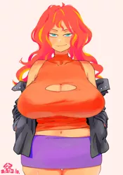 Size: 1400x2000 | Tagged: suggestive, artist:sozglitch, sunset shimmer, equestria girls, belly button, big breasts, boob window, breasts, busty sunset shimmer, cleavage, clothes, female, huge breasts, jacket, jpeg, leather jacket, looking at you, open jacket, shoulderless, simple background, skirt, solo, solo female, white background