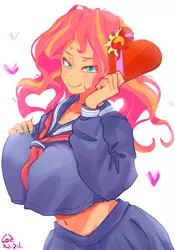 Size: 1400x2000 | Tagged: suggestive, artist:sozglitch, sunset shimmer, equestria girls, belly button, big breasts, box of chocolates, breasts, busty sunset shimmer, candy, clothes, female, floating heart, food, heart, holiday, huge breasts, jpeg, looking at you, midriff, school uniform, simple background, solo, solo female, valentine, valentine's day, white background