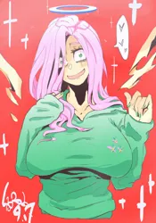 Size: 700x1000 | Tagged: suggestive, artist:sozglitch, fluttershy, human, big breasts, breasts, busty fluttershy, clothes, crazy eyes, cross, female, heart, huge breasts, humanized, jpeg, red background, simple background, solo, solo female, sweater, sweatershy, yandereshy