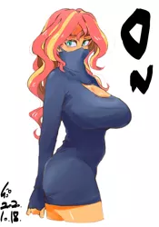Size: 700x1000 | Tagged: safe, artist:sozglitch, sunset shimmer, equestria girls, big breasts, breasts, busty sunset shimmer, cleavage, face mask, female, huge breasts, jpeg, long sleeves, looking at you, mask, simple background, solo, sweater dress, white background