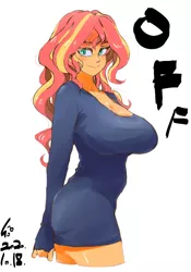 Size: 700x1000 | Tagged: safe, alternate version, artist:sozglitch, sunset shimmer, equestria girls, big breasts, breasts, busty sunset shimmer, cleavage, female, huge breasts, jpeg, long sleeves, looking at you, mask, simple background, smiling, solo, sweater dress, white background