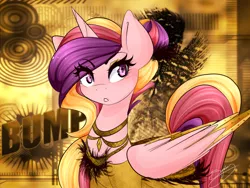 Size: 800x600 | Tagged: safe, anonymous editor, artist:sugarberry, edit, princess cadance, alicorn, pony, abstract background, bump, clothes, dress, gold, gold background, jewelry, necklace, png, solo, yellow dress