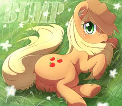 Size: 800x698 | Tagged: safe, anonymous editor, artist:aymint, edit, applejack, earth pony, pony, blushing, bump, butt, cute, dock, female, flower, grass, hat, jackabetes, looking at you, loose hair, mare, plot, png, side, solo, underhoof, unshorn fetlocks