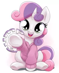 Size: 646x800 | Tagged: safe, anonymous editor, artist:stoic5, edit, sweetie belle, pony, unicorn, bump, c:, clothes, cute, diabetes, diasweetes, female, filly, hnnng, hoodie, looking at you, png, pointing, simple background, smiling, solo, underhoof, weapons-grade cute, white background