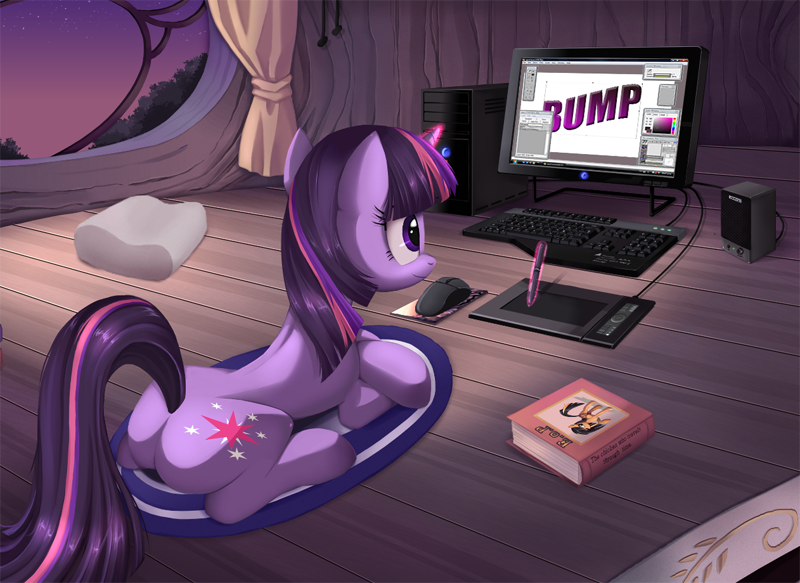 Size: 800x583 | Tagged: suggestive, anonymous editor, artist:ponykillerx, banned from derpibooru, edit, trixie, twilight sparkle, pony, unicorn, bump, butt, computer, drawing, end of ponies, female, glowing horn, horn, mare, plot, png, prone, scootachicken, solo, solo female, twibutt