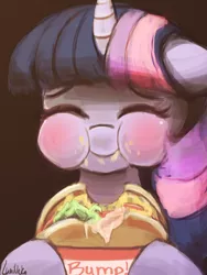 Size: 600x800 | Tagged: safe, anonymous editor, artist:lumineko, edit, twilight sparkle, twilight sparkle (alicorn), alicorn, pony, :i, blushing, bump, burger, cute, eyes closed, female, food, hamburger, happy, hoof hold, in n out, mare, meat, messy eating, png, ponies eating meat, puffy cheeks, smiling, solo, that pony sure does love burgers, twiabetes, twilight burgkle