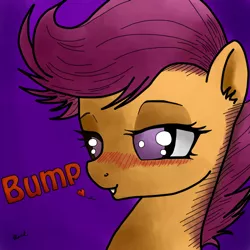 Size: 700x700 | Tagged: suggestive, anonymous editor, artist:rainbow, artist:vendetatj, edit, scootaloo, bedroom eyes, blushing, bump, colored, female, png, solo, solo female