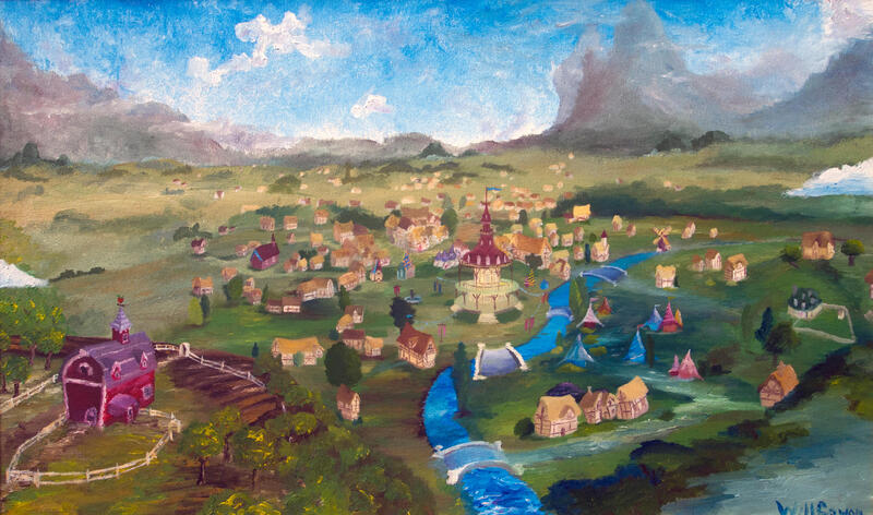 Size: 3165x1869 | Tagged: safe, artist:tridgeon, derpibooru import, 2012, background, jpeg, oil painting, painting, ponyville, ponyville schoolhouse, ponyville town hall, scenery, scenery porn, sweet apple acres, traditional art