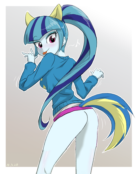 Size: 702x877 | Tagged: questionable, artist:ta-na, edit, sonata dusk, equestria girls, :p, blushing, bottomless, clothes, cute, dancing, female, looking back, no underwear, nude edit, nudity, partial nudity, png, skirt, solo, sonata donk, sonatabetes, sweater, tail, tongue out, wondercolts