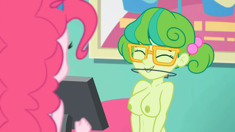 Size: 1920x1080 | Tagged: questionable, anonymous editor, edit, edited screencap, screencap, pinkie pie, stella sprinkles, equestria girls, equestria girls series, tip toppings, spoiler:eqg series (season 2), barrette, belly button, braces, breasts, busty stella sprinkles, casual nudity, complete nudity, cute, cute porn, exhibitionism, eyes closed, female, glasses, nipples, nude edit, nudity, orthodontic headgear, smiling