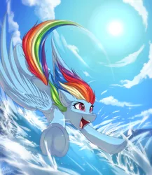 Size: 3553x4096 | Tagged: safe, artist:ask-colorsound, rainbow dash, pegasus, pony, cloud, flying, high res, open mouth, sky, solo, spread wings, wind, windswept mane, wings