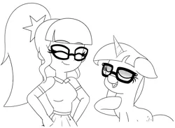 Size: 1352x991 | Tagged: safe, artist:vidorii, sci-twi, twilight sparkle, human, pony, unicorn, equestria girls, eyes closed, glasses, monochrome, open mouth, simple background, white background