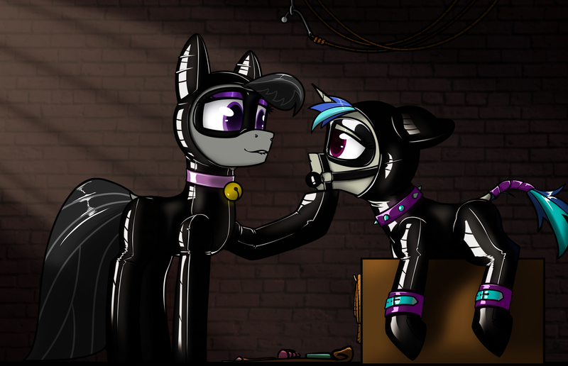 Size: 4650x3000 | Tagged: questionable, artist:dacaoo, derpibooru import, octavia melody, vinyl scratch, earth pony, pony, unicorn, ballgag, basement, bell, bell collar, bodysuit, bondage, bondage furniture, bridle, cat bell, catsuit, clothes, collar, cuffs, derpibooru exclusive, dock, domino mask, domtavia, female, femdom, femsub, floppy ears, gag, hair lock, hood, hoof on chin, image, latex, latex suit, lesbian, lip bite, looking at each other, mask, png, scratchtavia, shipping, spiked collar, submissive, tack, tail wrap, vinylsub, wooden horse