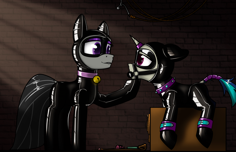 Size: 4650x3000 | Tagged: questionable, alternate version, artist:dacaoo, octavia melody, vinyl scratch, earth pony, pony, unicorn, ballgag, basement, bell, bell collar, bodysuit, bondage, bondage furniture, bridle, cat bell, catsuit, clothes, collar, cuffs, dock, domino mask, domtavia, female, femdom, femsub, floppy ears, gag, hood, hoof on chin, horn, horn ring, image, jewelry, latex, latex suit, lesbian, lip bite, looking at each other, magic suppression, mask, png, ring, scratchtavia, shipping, spiked collar, submissive, tack, tail wrap, vinylsub, wooden horse