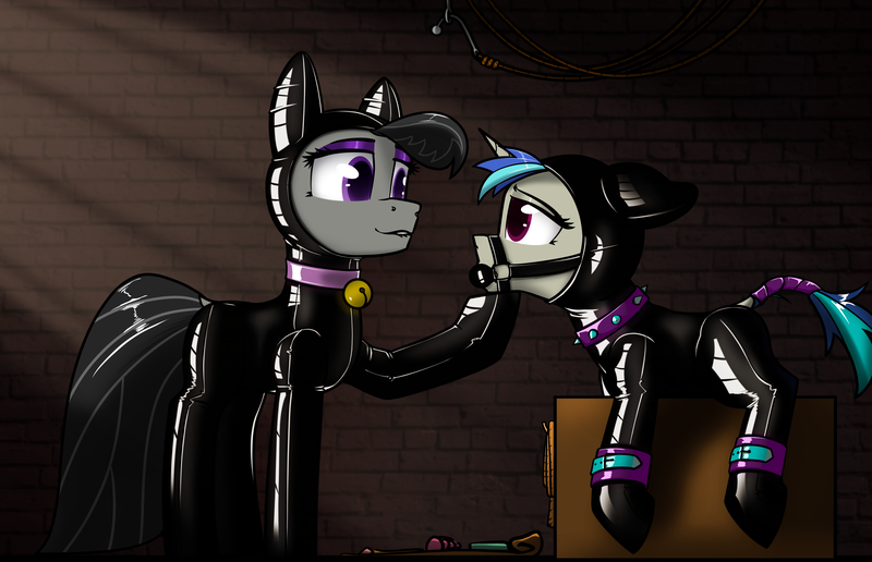 Size: 4650x3000 | Tagged: questionable, alternate version, artist:dacaoo, octavia melody, vinyl scratch, earth pony, pony, unicorn, ballgag, basement, bell, bell collar, bodysuit, bondage, bondage furniture, bridle, cat bell, catsuit, clothes, collar, cuffs, dock, domtavia, female, femdom, femsub, floppy ears, gag, hair lock, hood, hoof on chin, horn, image, latex, latex suit, lesbian, lip bite, looking at each other, png, scratchtavia, shipping, spiked collar, submissive, tack, tail wrap, vinylsub, wooden horse