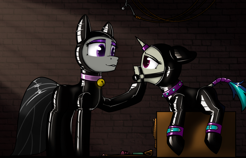 Size: 4650x3000 | Tagged: questionable, alternate version, artist:dacaoo, octavia melody, vinyl scratch, earth pony, pony, unicorn, ballgag, basement, bell, bell collar, bodysuit, bondage, bondage furniture, bridle, cat bell, catsuit, clothes, collar, cuffs, dock, domtavia, female, femdom, femsub, floppy ears, gag, hood, hoof on chin, horn, horn ring, image, jewelry, latex, latex suit, lesbian, lip bite, looking at each other, magic suppression, png, ring, scratchtavia, shipping, spiked collar, submissive, tack, tail wrap, vinylsub, wooden horse