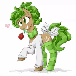 Size: 1200x1200 | Tagged: safe, artist:flutterthrash, oc, unofficial characters only, earth pony, pony, bow, clothes, earth pony oc, female, floating heart, flower, grin, heart, mare, mouth hold, raised hoof, rose, simple background, smiling, socks, solo, striped socks, tail bow, white background