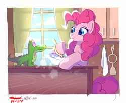 Size: 1472x1204 | Tagged: safe, anonymous editor, artist:kejifox, artist:mirtash, edit, gummy, pinkie pie, alligator, earth pony, pony, batter, bowl, collaboration, colored pupils, cute, diapinkes, duo, female, food, kitchen, male, mare, mixing, mixing bowl, wooden spoon