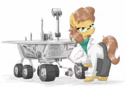 Size: 1200x829 | Tagged: safe, artist:flutterthrash, oc, oc:amity, unofficial characters only, earth pony, pony, clothes, earth pony oc, female, glasses, lab coat, lidded eyes, mare, mars rover, smiling, solo