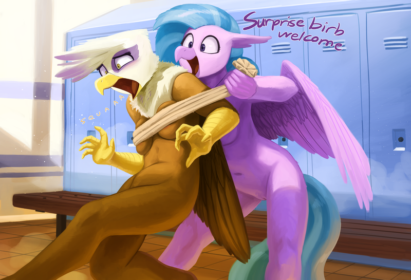 Size: 4405x3000 | Tagged: explicit, artist:the-minuscule-task, gilda, silverstream, anthro, gryphon, hippogriff, art pack:buck neighkd, art pack, beak, belly button, blushing, breasts, busty gilda, busty silverstream, complete nudity, dialogue, duo, duo female, eye lashes, female, image, inside, locker room, lockers, nudity, open beak, open mouth, png, screaming, smiling, squawk, surprised, text, towel, underboob, vulva