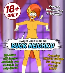 Size: 1076x1203 | Tagged: anthro, artist:aarondrawsarts, art pack:buck neighk'd, art pack:buck neighkd, blushing, dialogue, embarrassed, embarrassed nude exposure, glasses, male, nudity, paywall content, promo, promotional art, shrunken pupils, solo, solo male, strategically covered, suggestive, sunburst